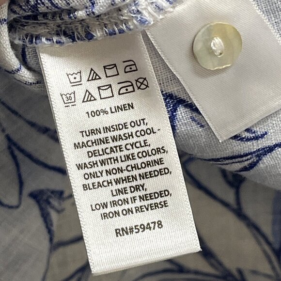 H Halston Top Women 3X Blue Floral Linen Button Down Shirt Beach Resort Vacation - Picture 6 of 8